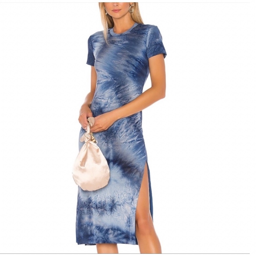 Lovers + Friends Blue Tie Dye Dress Medium Short Sleeve Midi Slit Stretchy